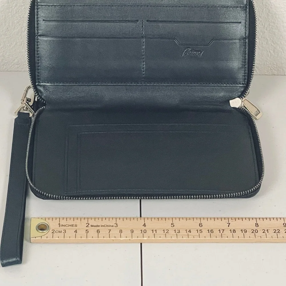 Brioni Blue‎ Saffiano Leather Double Zip Wallet Wristlet Italy Luxury Organizer